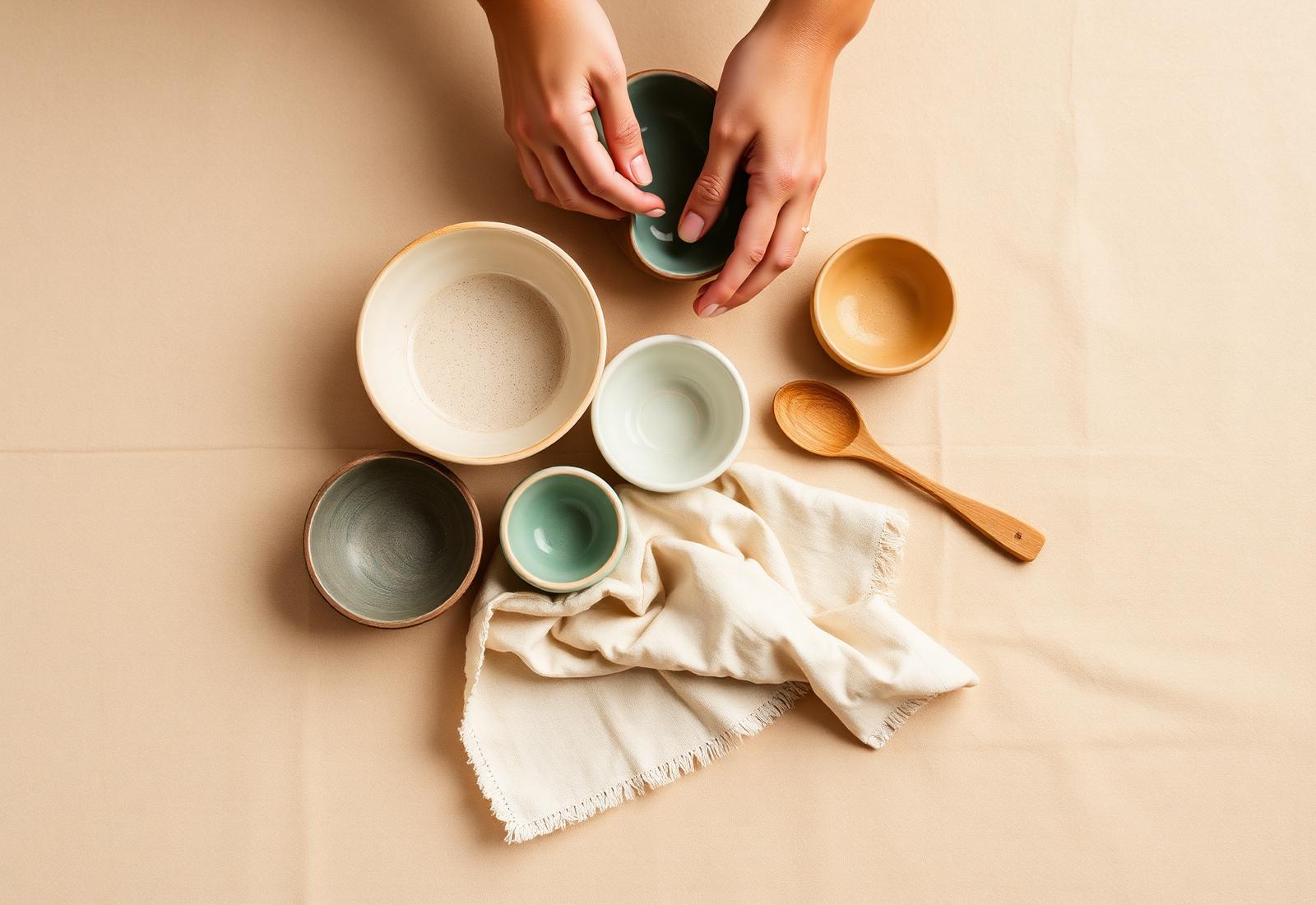 Hands arranging ceramic bowls and a folded linen napkin on a warm linen surface