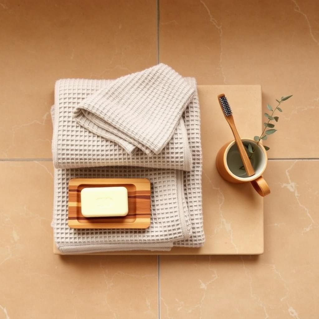 A folded oatmeal waffle bath towel on travertine