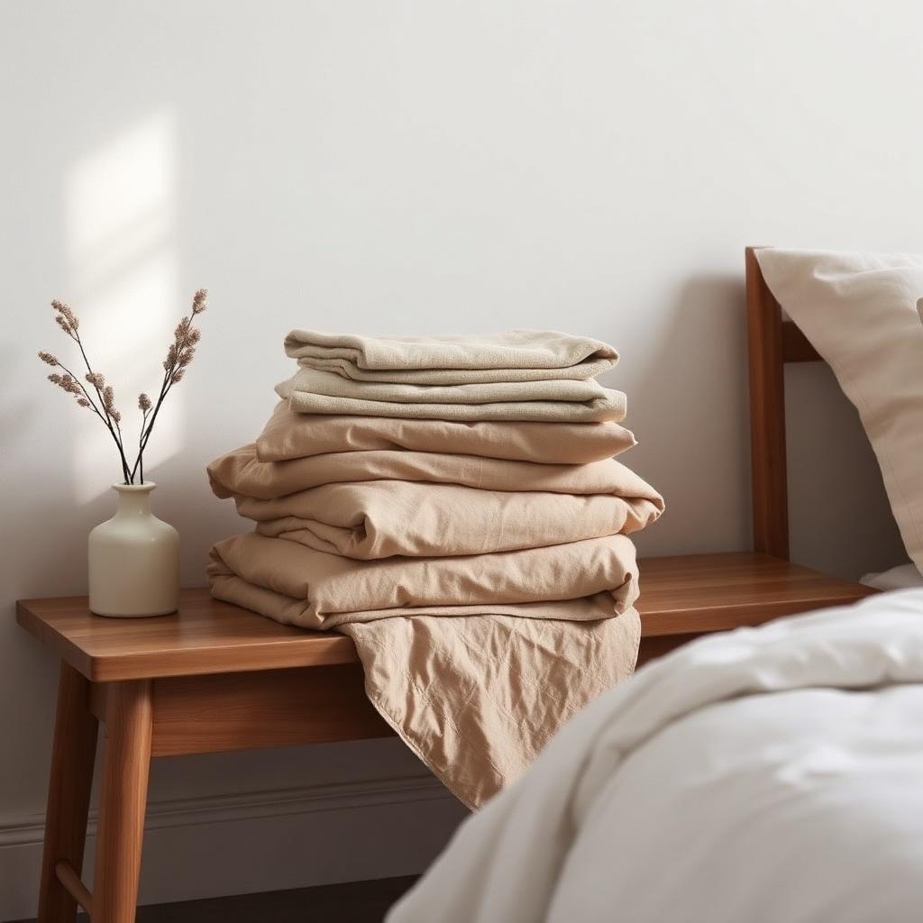 Folded oatmeal linen duvet cover on a wooden bench