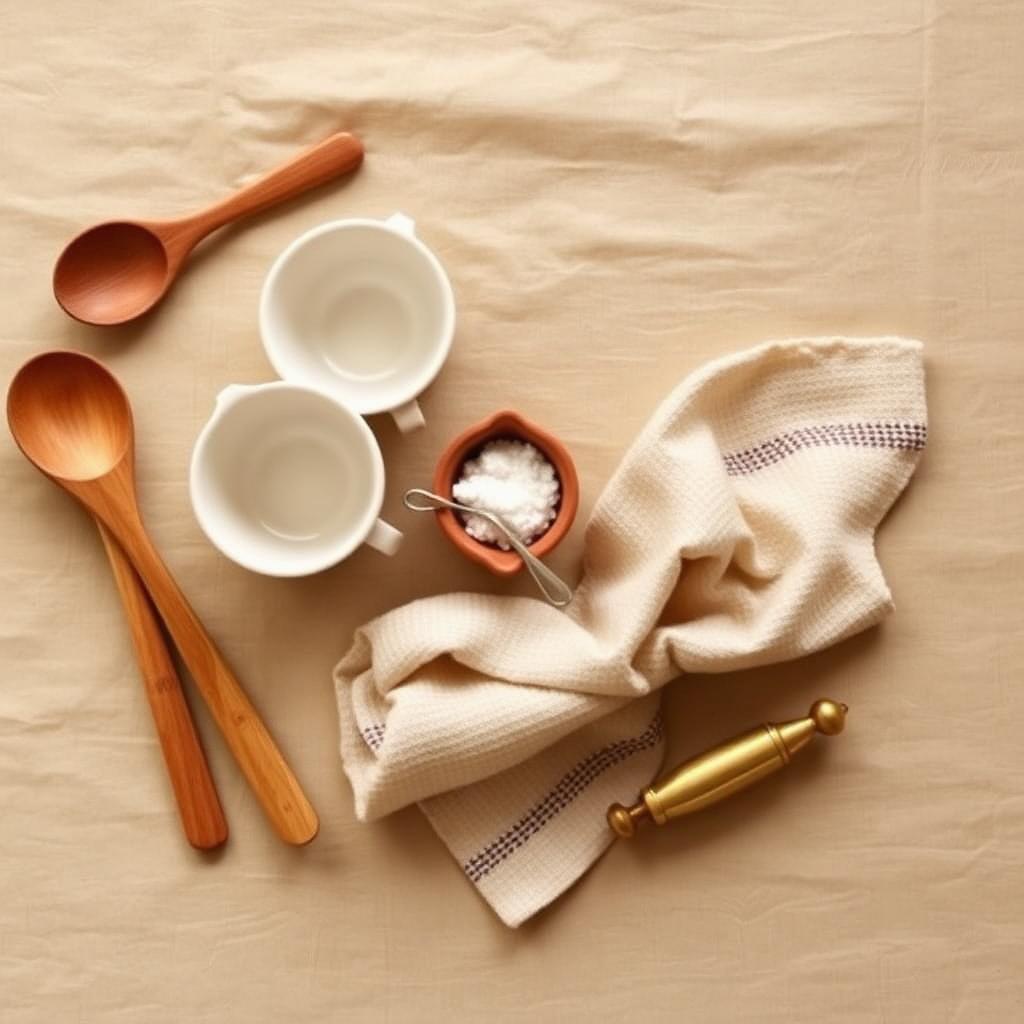 A trio of cream stoneware mixing bowls on warm linen