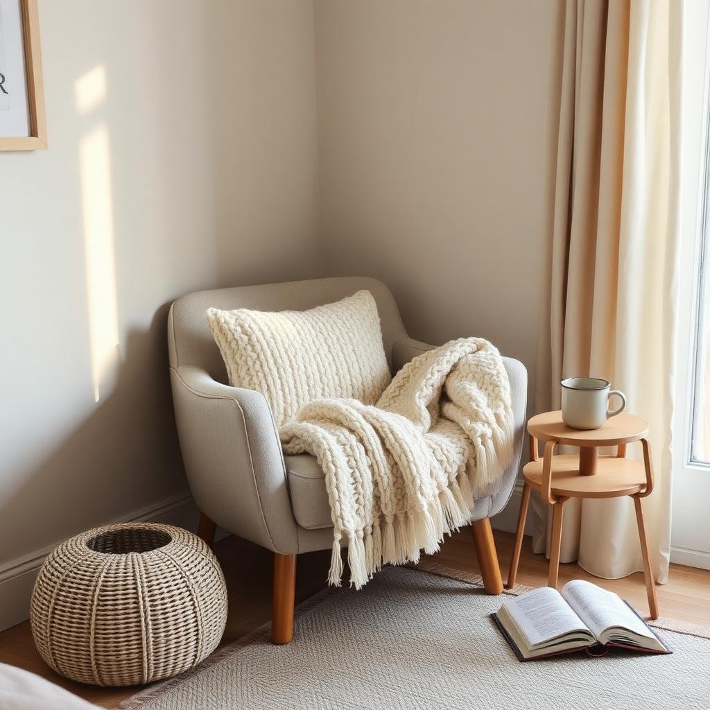 A chunky cream cotton throw on a linen armchair