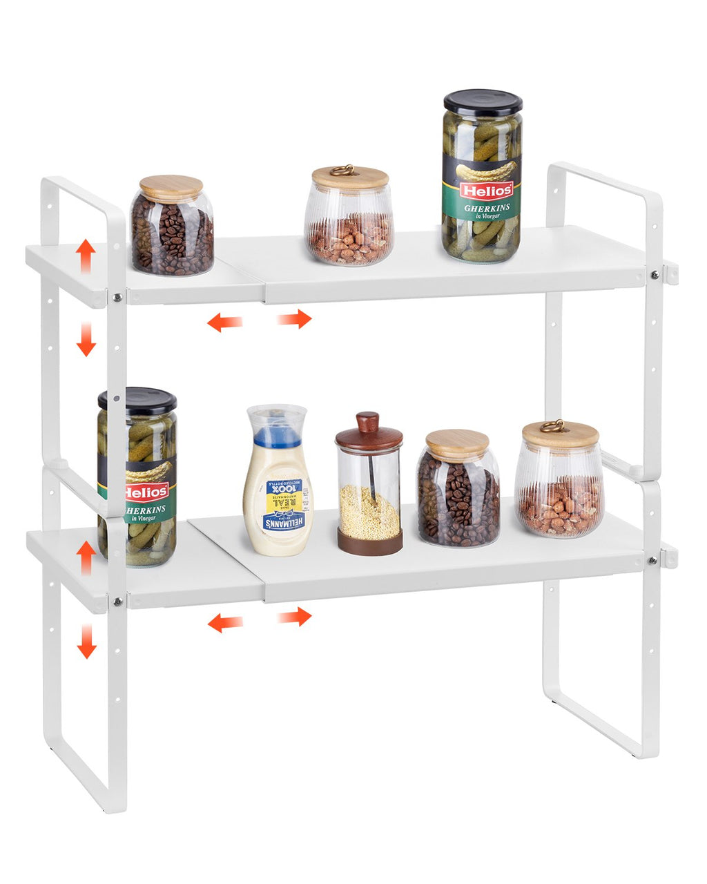 Casora expandable 2-tier pantry organiser shelf in white with jars