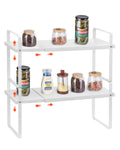 Casora expandable 2-tier pantry organiser shelf in white with jars