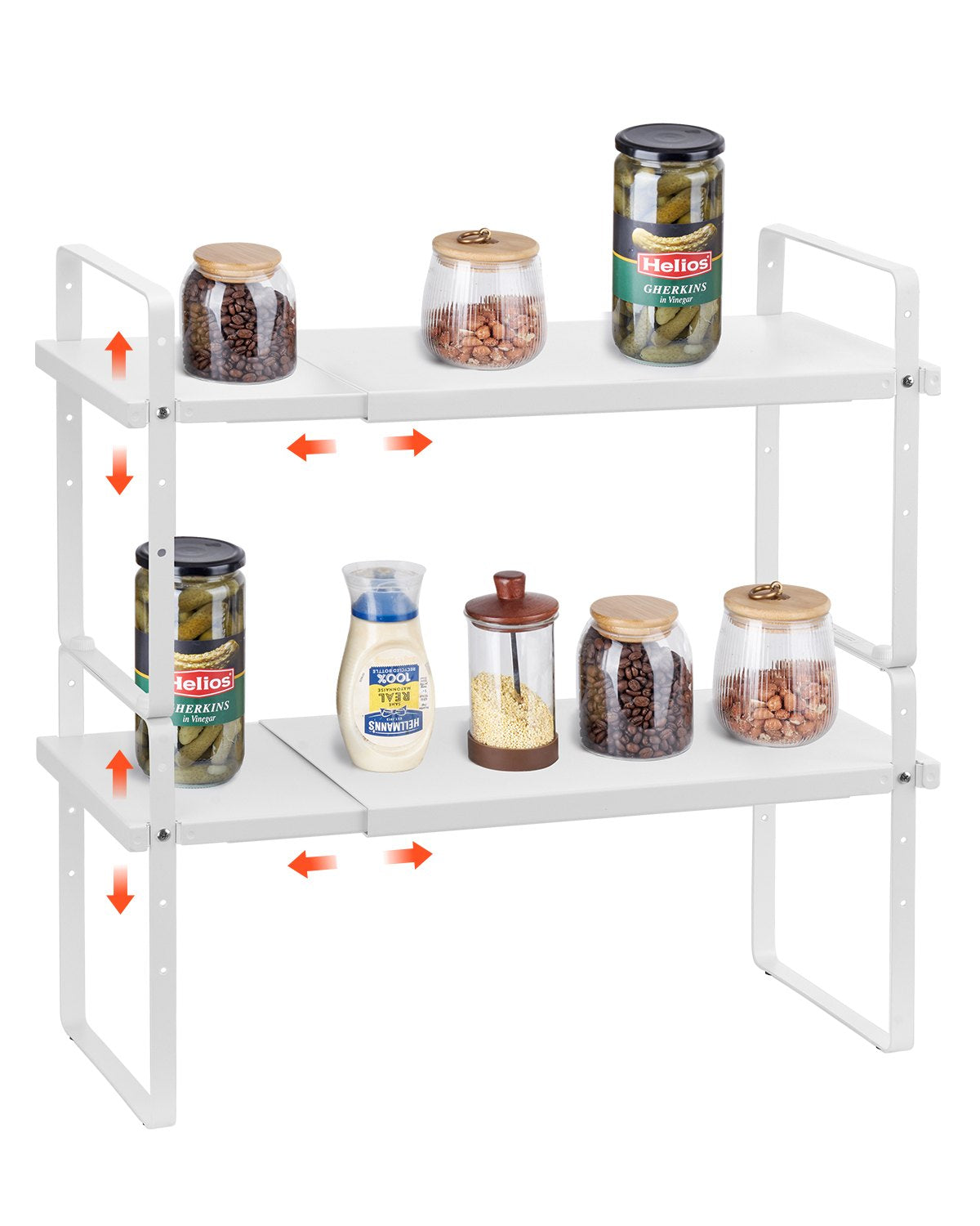 Casora expandable 2-tier pantry organiser shelf in white with jars