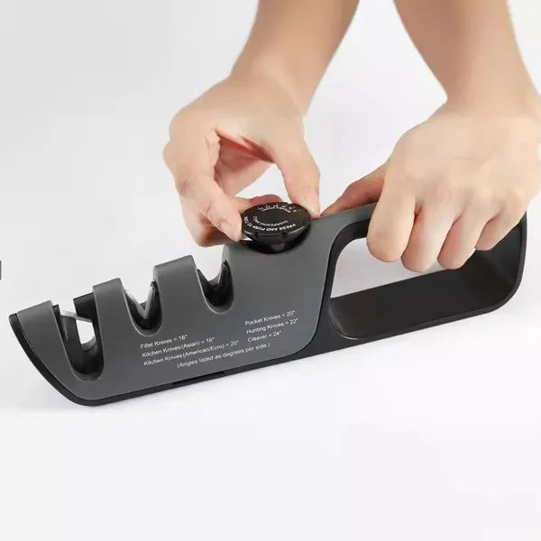 Sharpening slots of the Casora 5-in-1 knife sharpener with angle markings