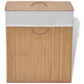 Natural bamboo laundry basket with white fabric liner, front view