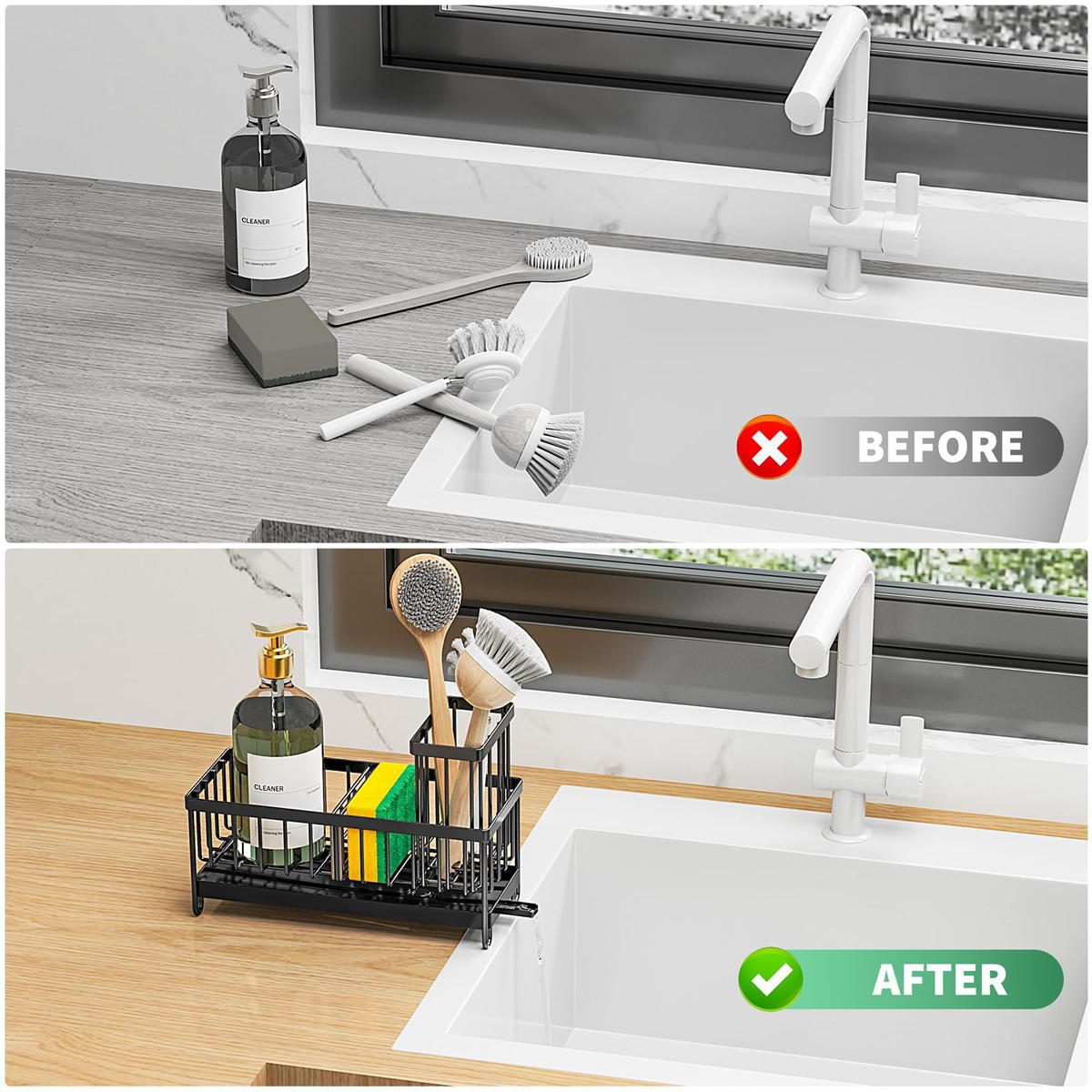 Detail view of the sink caddy's draining rack and brush holder