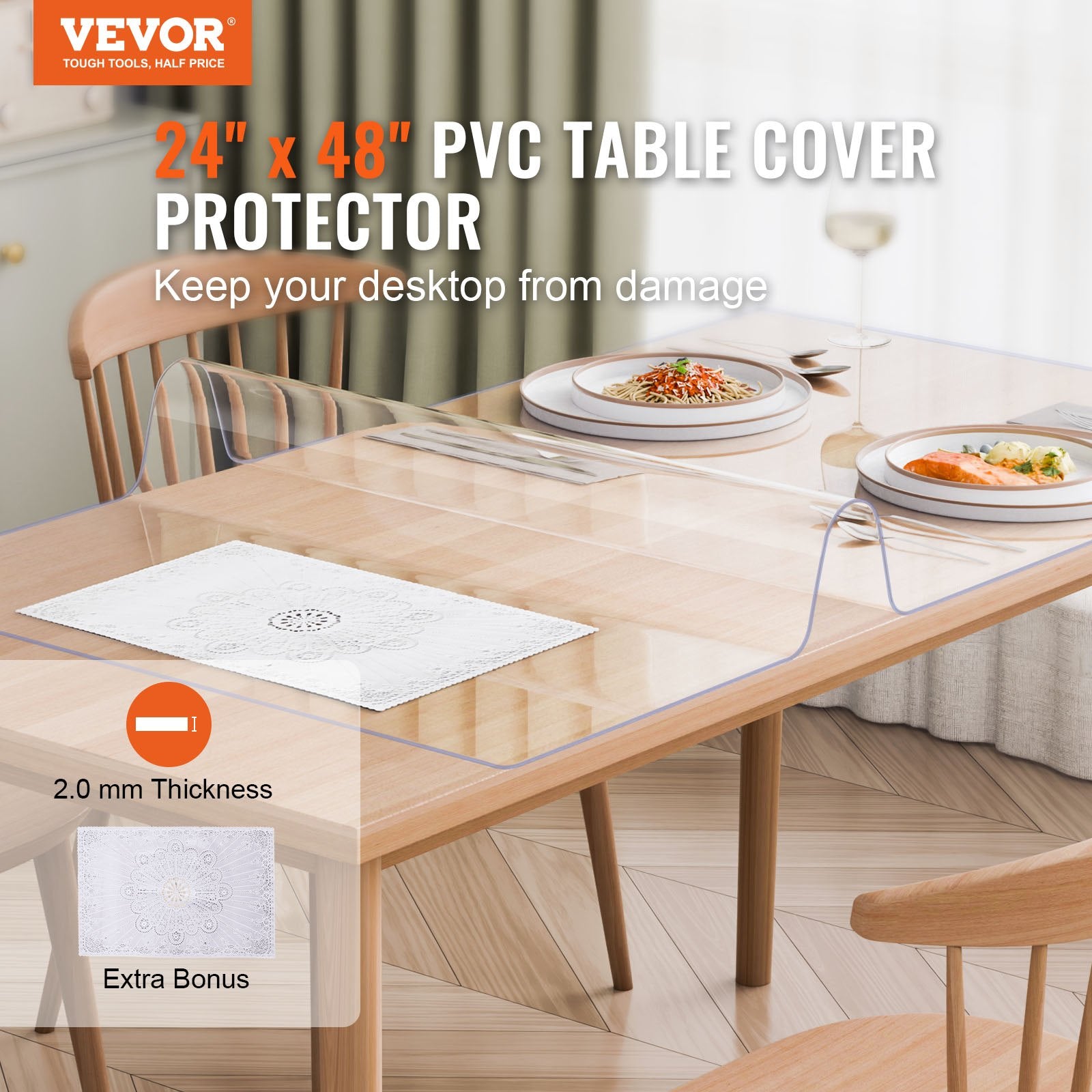 Clear PVC tablecloth protector covering a table surface