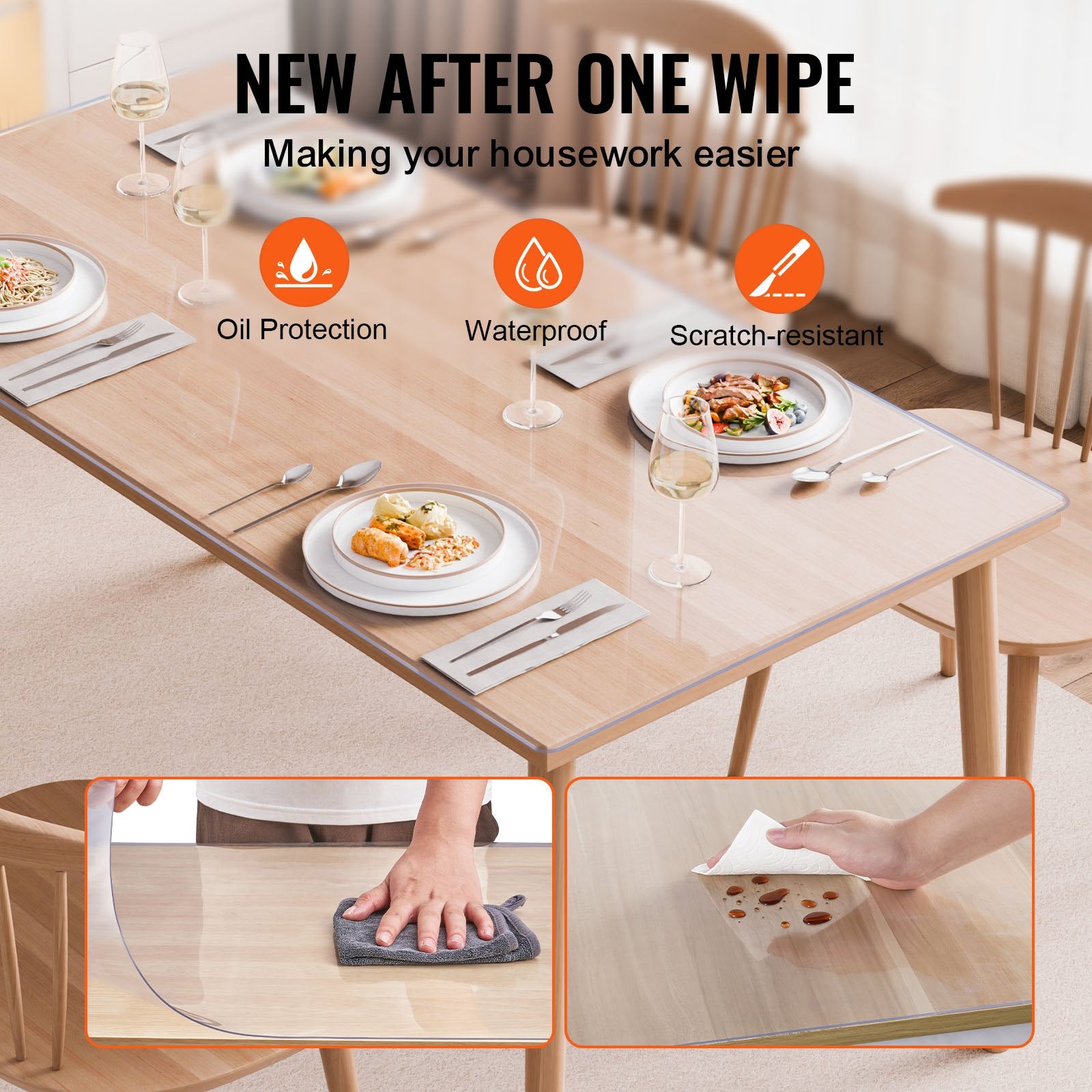 Casora clear tablecloth protector shown on a dining table