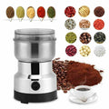 Stainless steel electric coffee grinder with ground coffee, beans and spices