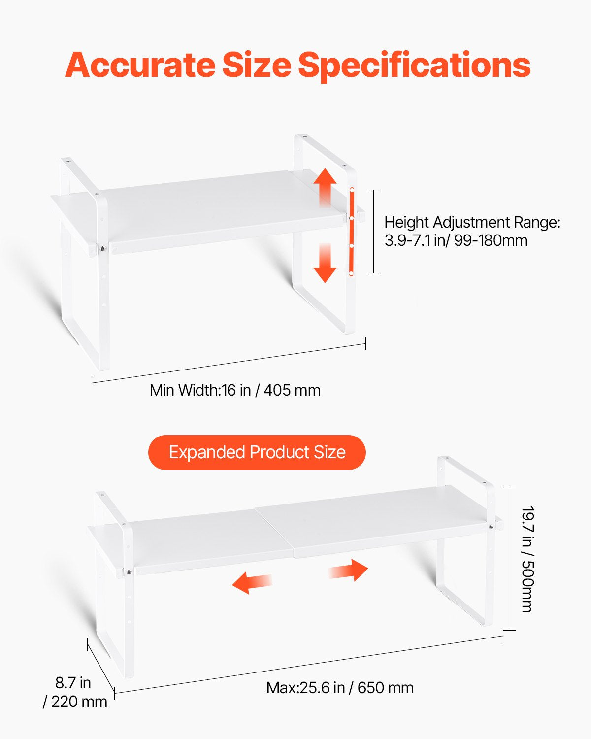 Expandable kitchen shelf organiser showing adjustable width
