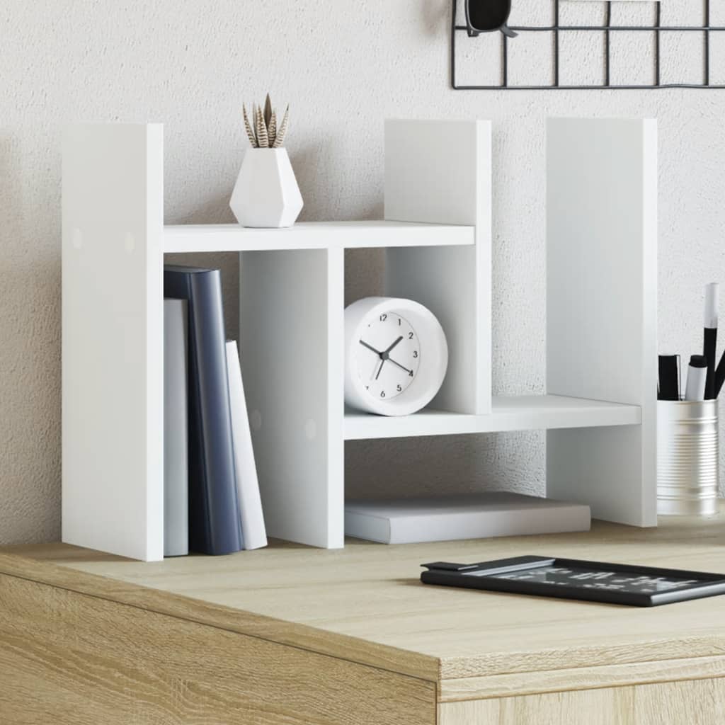 Wood desk organizer with open compartments styled on a desk
