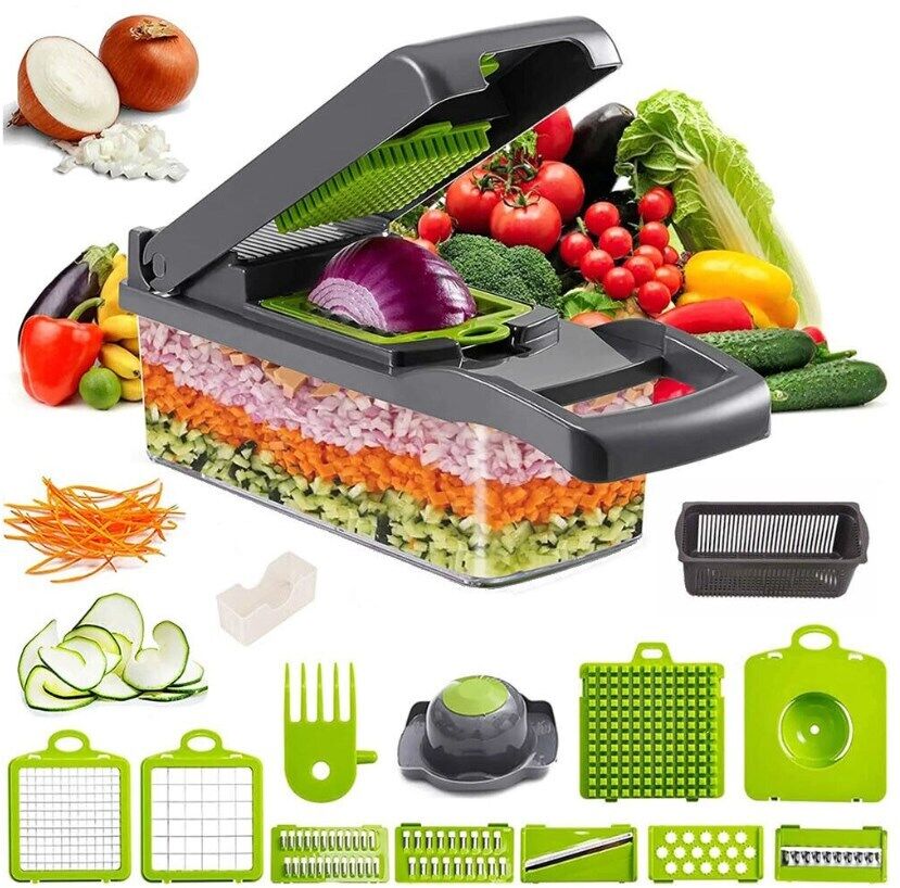 Casora 16-in-1 vegetable slicer with container surrounded by fresh vegetables