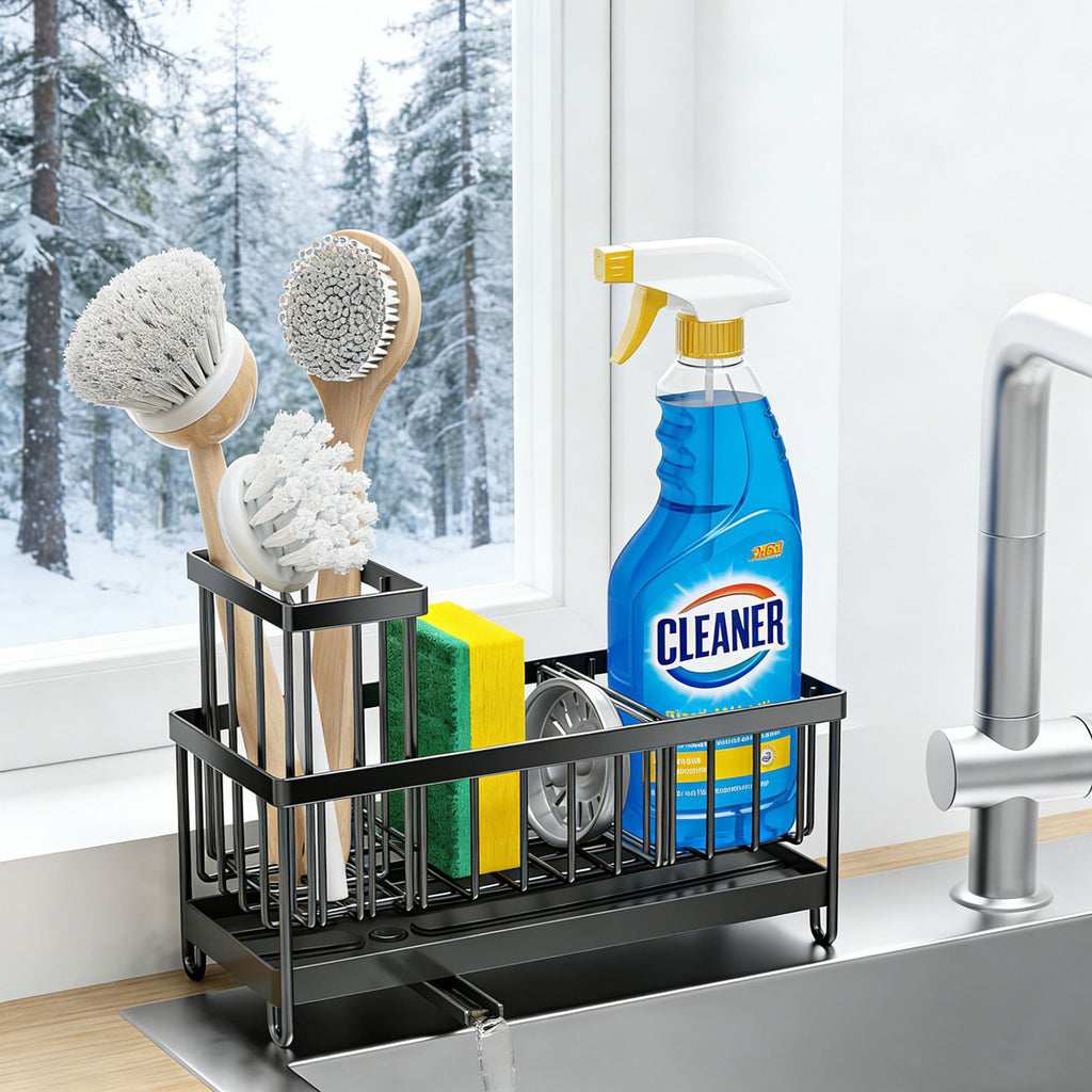 Black metal sink caddy holding sponge, dish brush and cleaner beside a kitchen sink