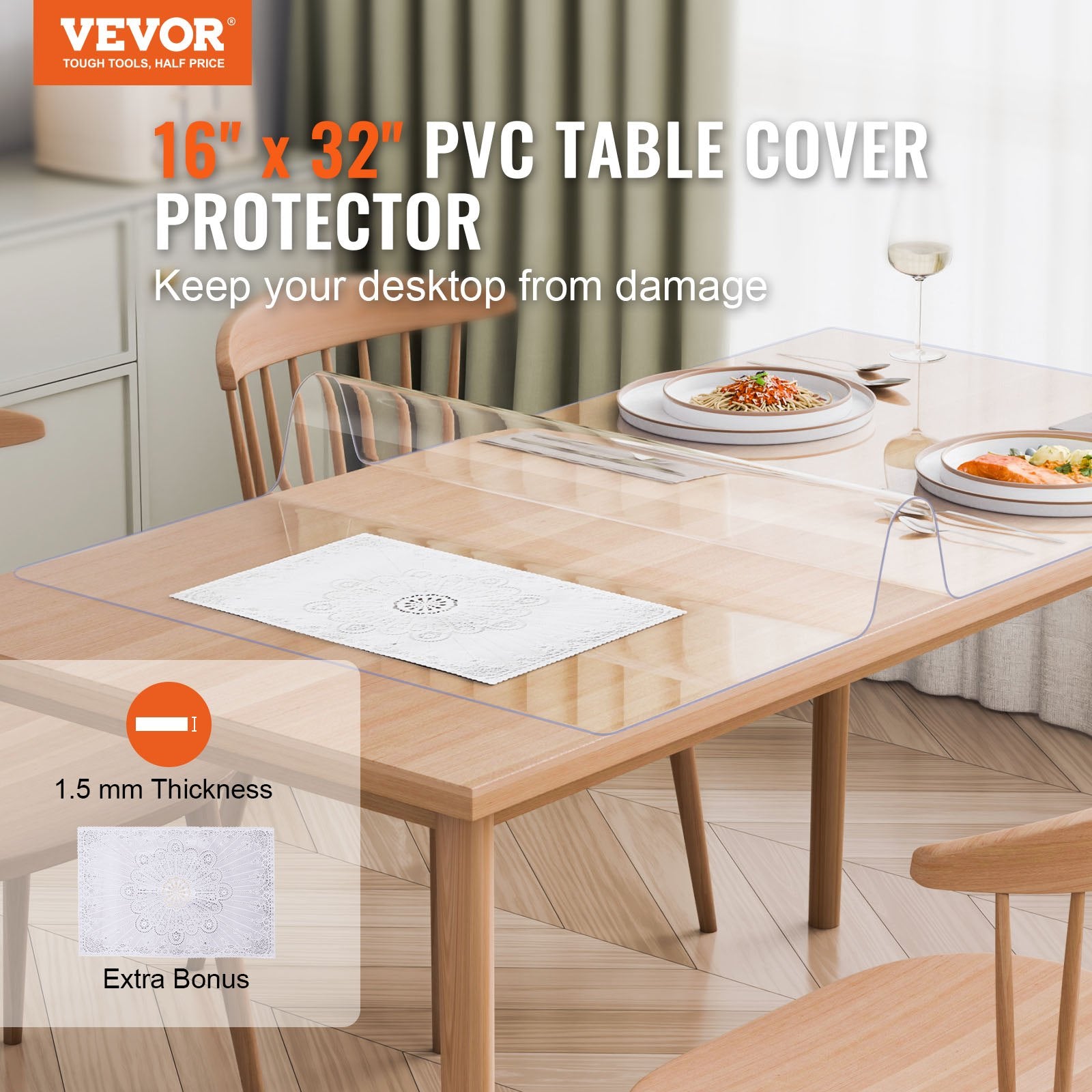 Transparent PVC table mat protecting a wooden table surface
