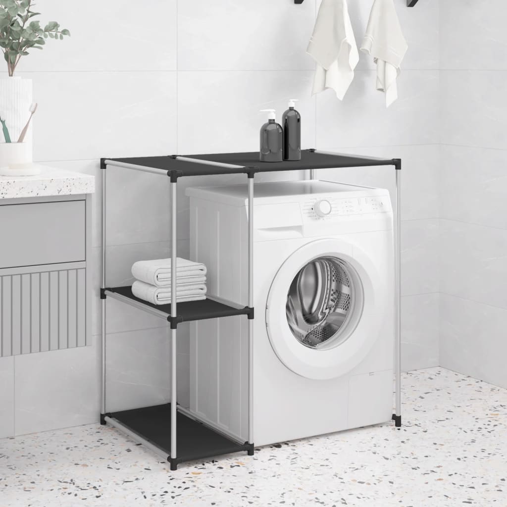 Black iron washing machine storage shelf with fabric shelves fitted around a washing machine