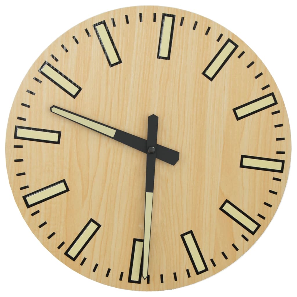 Wood-toned wall clock shown in room setting