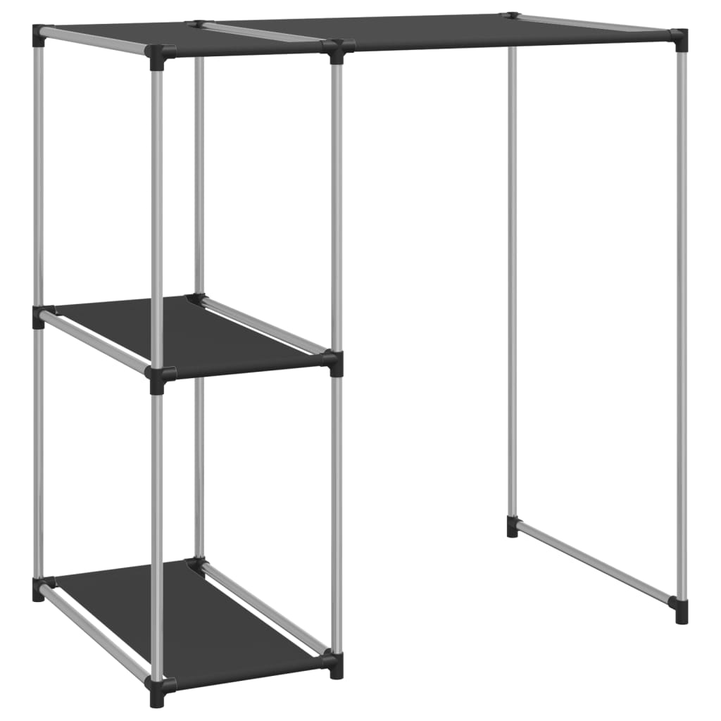 Side view of the black iron washing machine shelf with storage levels