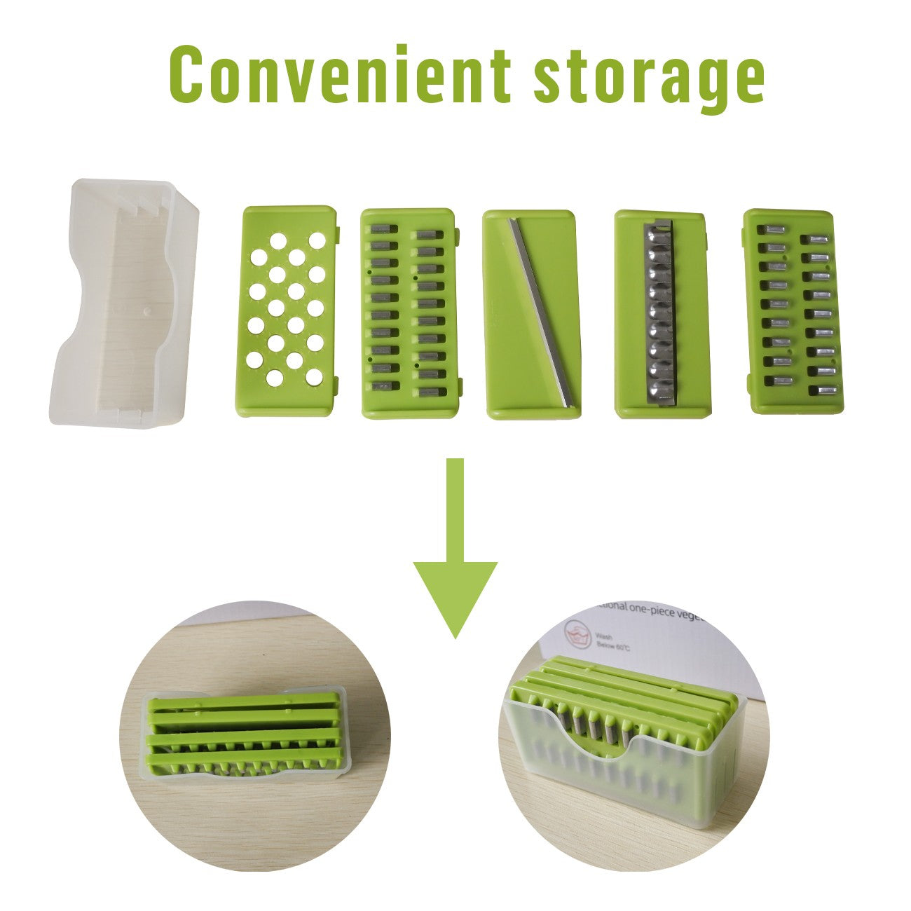 Casora 15-in-1 vegetable chopper accessories and blades laid out