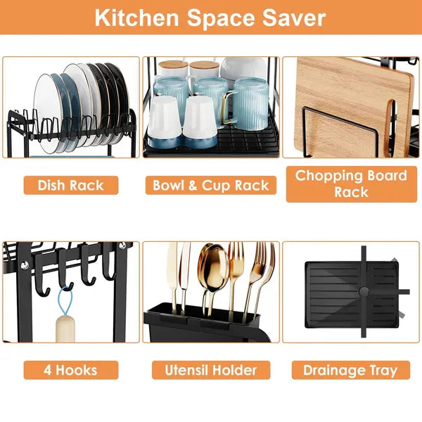 Casora black iron plate and bowl rack with cup holder