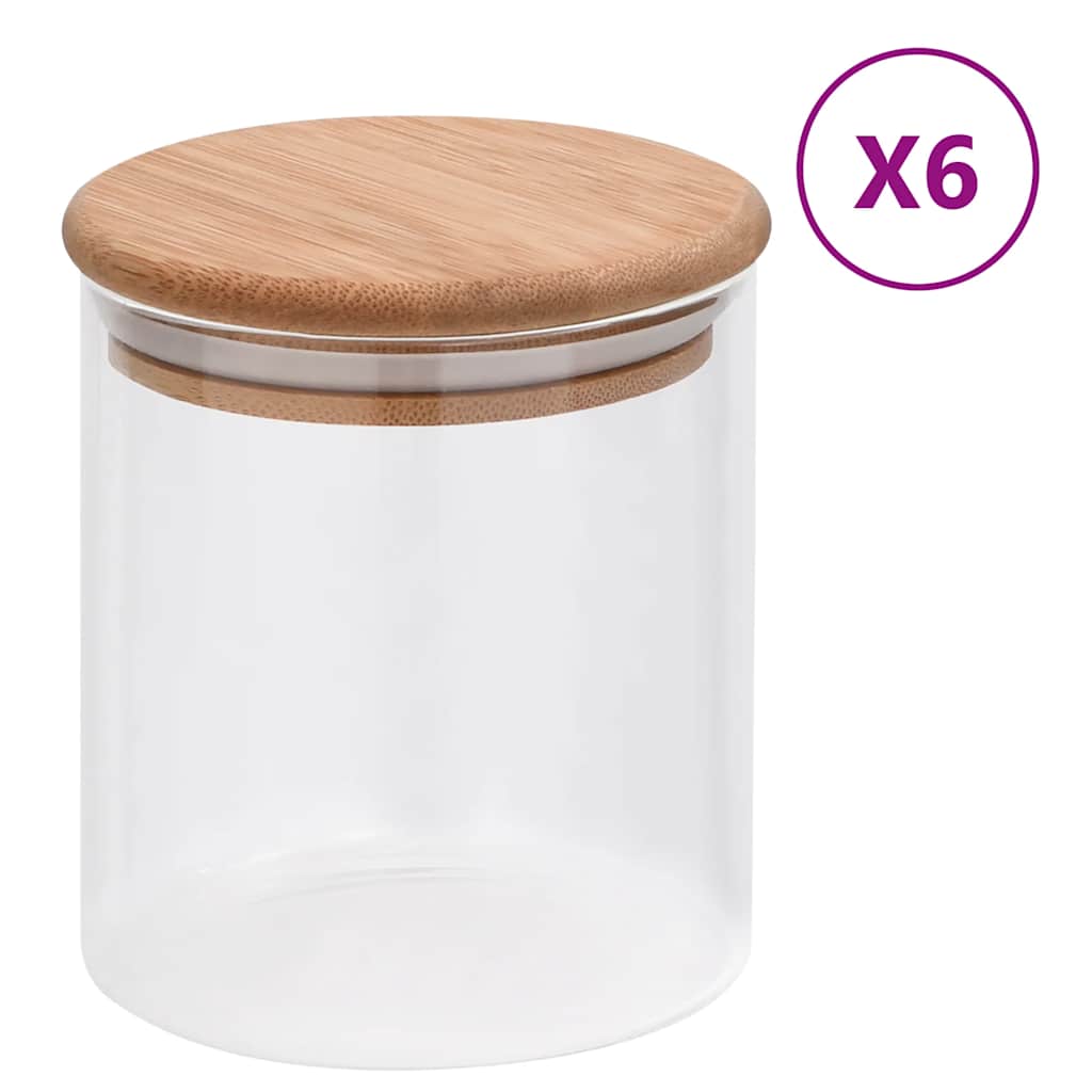 Set of six glass storage jars with bamboo lids