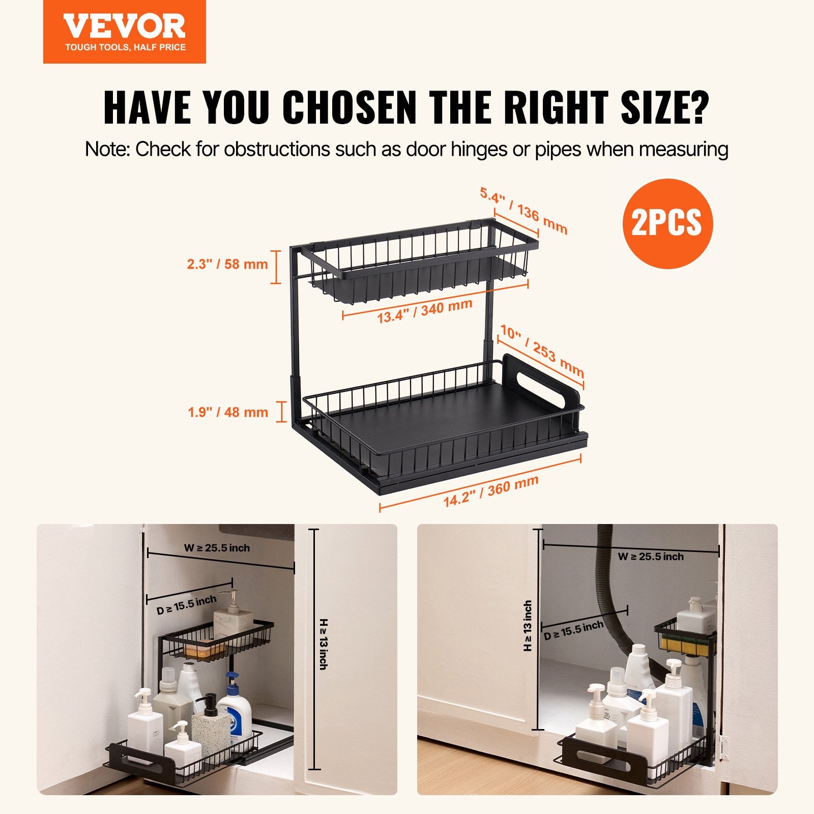 Pull-out under-sink organiser baskets extended showing two storage tiers