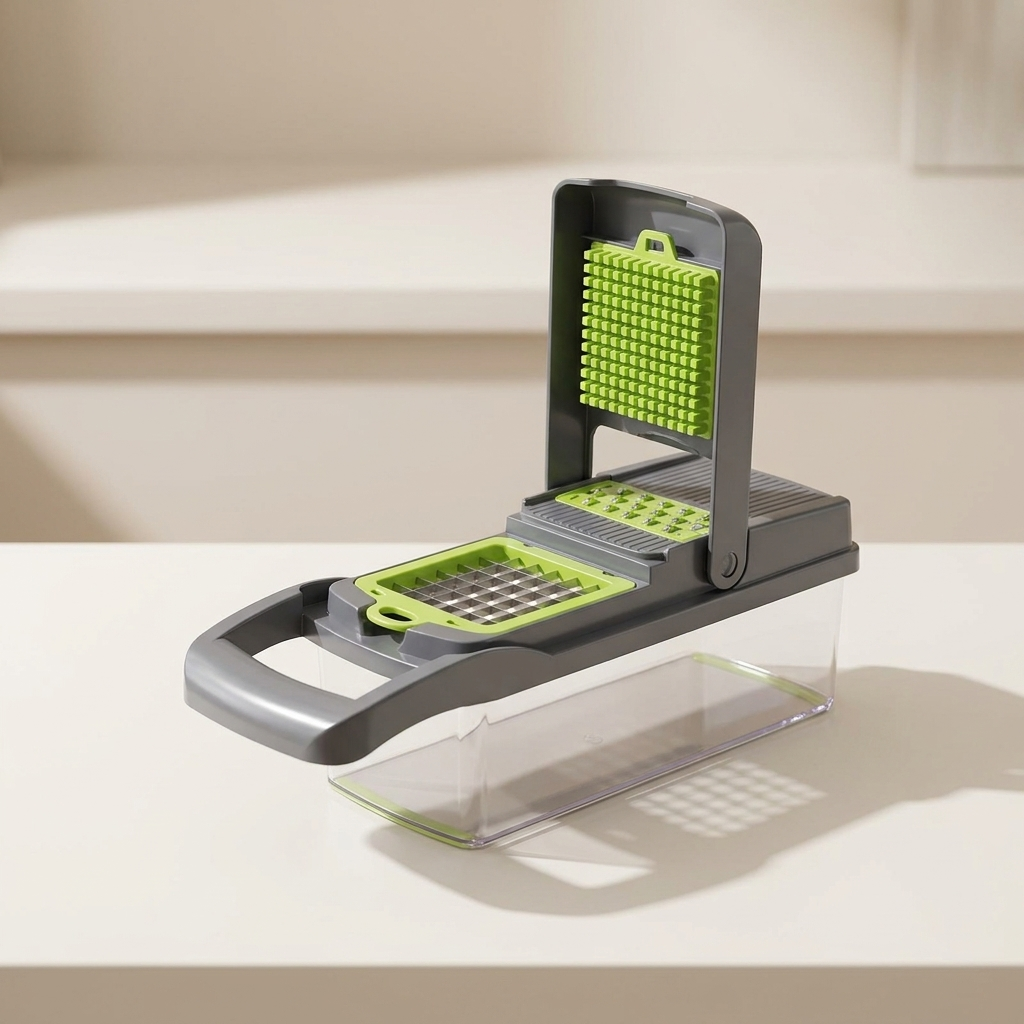Casora 16-in-1 vegetable cutter with dicing lid open and container